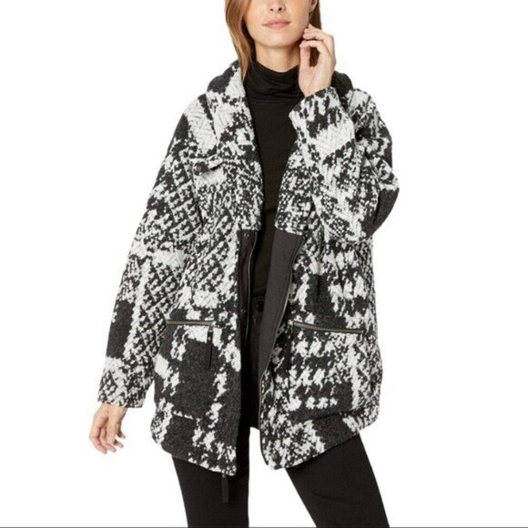 Prana Sakari Wool Jacket Sherpa Oversized Herringbone Pockets Black/White Coat L - Picture 3 of 12